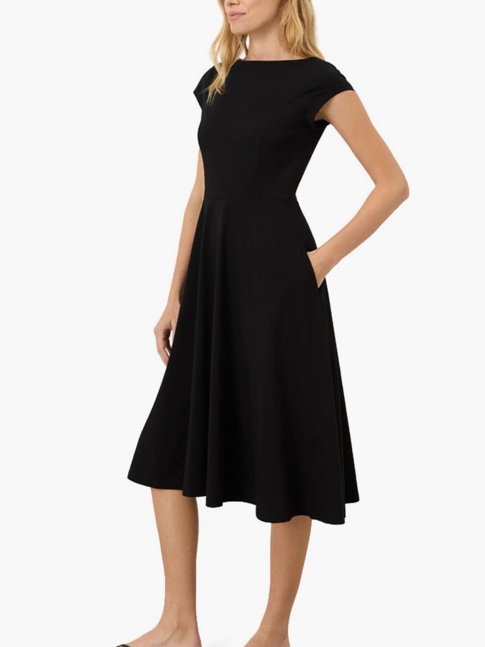 Pact Ballet Neck Cap-Sleeve Black Fit-and-Flare Dress